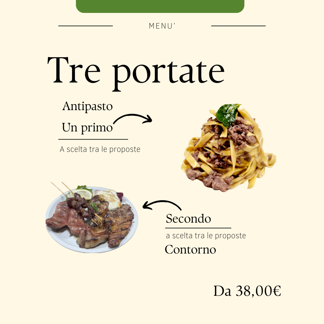 Tre portate: Antipasto, Primo, Secondo con contorno